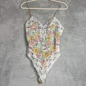 Vintage Victorias Secret Gold Label Floral Lace Bodysuit Teddy White Small